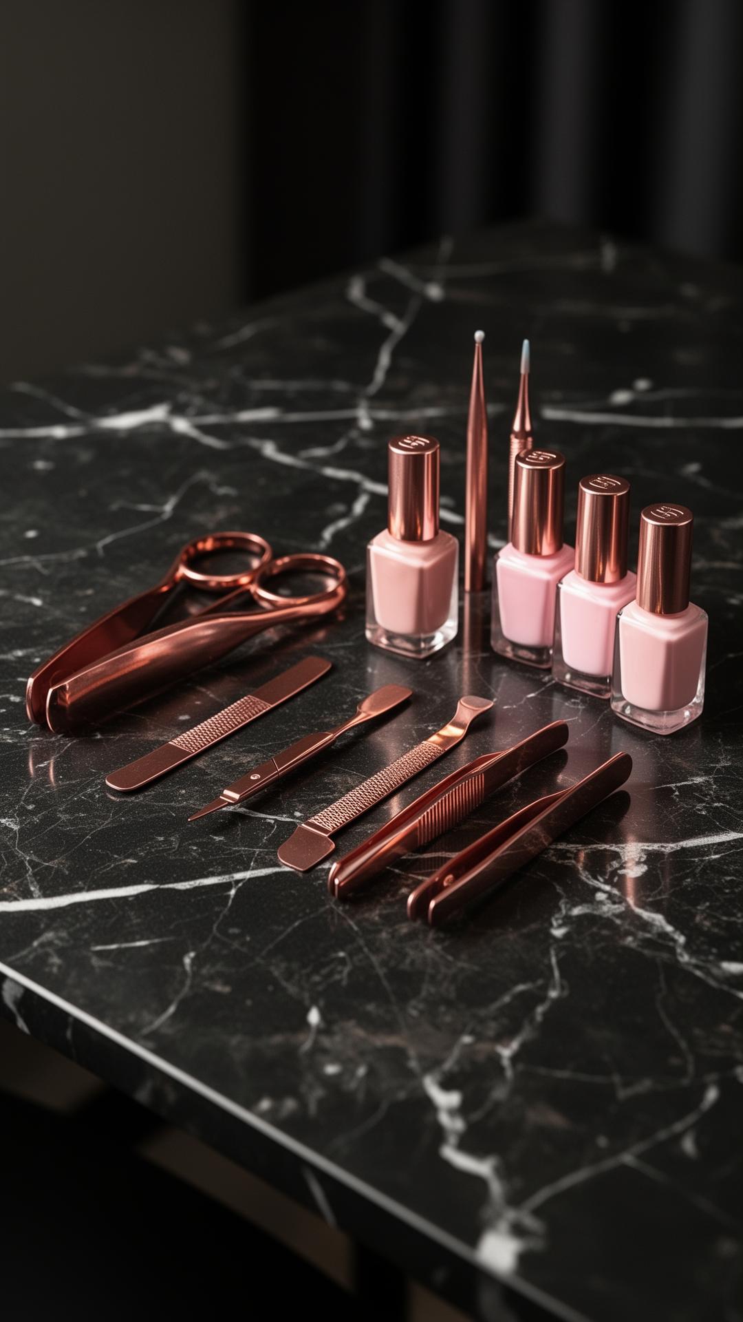 Rose gold manicure tools on dark marble